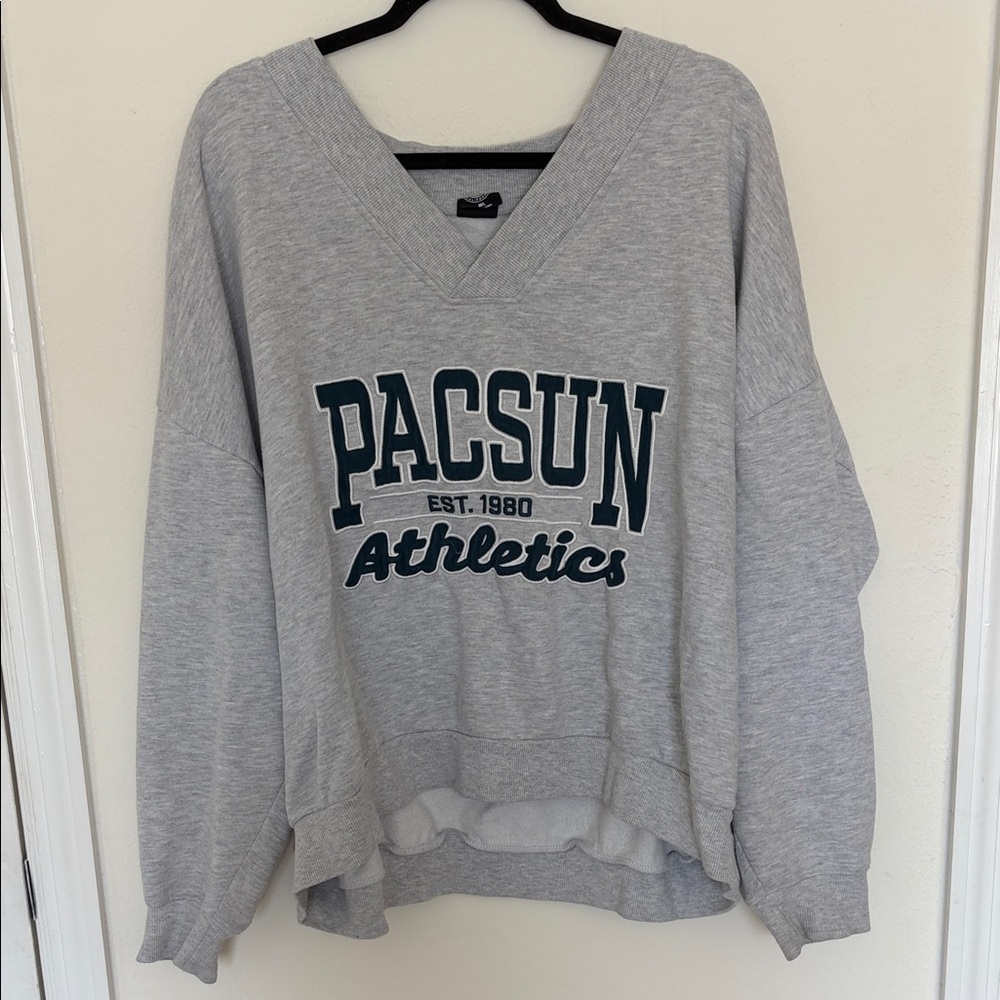 PacSun Gray V-Neck Sweatshirt with Dark Teal 'PACSUN Athletics' Logo